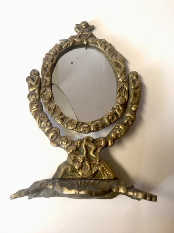 Vintage Antique Brass Decorative Mirror with stand & frame 7" tall Cover