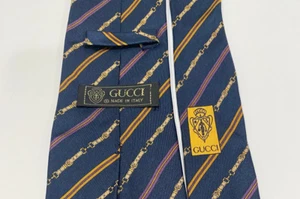 Vintage GUCCI GG Monogram Mens Silk Neck Tie Navy/Purple/Gold Stripes Belt Italy - Picture 1 of 6