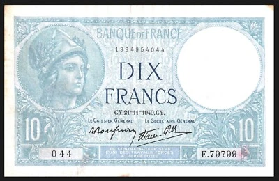 🇫🇷  France 10 Franc Note 1940 P-84 VF / MINERVE *** - Image 1 of 2