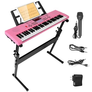 Portable Digital Piano Keyboard 61 Key Pink Electronic Instrument w/ Stand & Mic - Picture 1 of 12