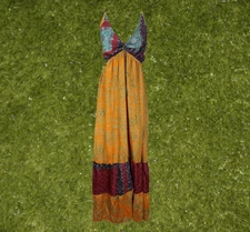 Womens Maxi Dress, Orange Strap Dress, Recycle Sari Handmade Dresses, Summer S/M
