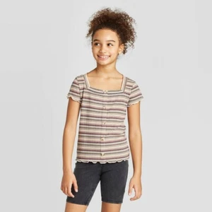 PetiteGirls' Stripe Button-Front Short Sleeve Top - Art Class, Size L - Picture 1 of 1