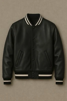 Chaqueta universitaria de cuero para hombre - bombardero negro, chaqueta universitaria Foto 1 de 2