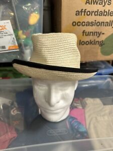 Calvin Klein Paper Straw Fedora Hat with Black Ribbon Trim Silver Buckle See Pic