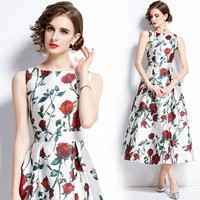 Summer Runway Floral Print Collar Bow Sleeveless Women Casual Party Shirt Dress Summer Runway Floral Print Collar Bow Sleeveless Women Casual Party Shirt Dress