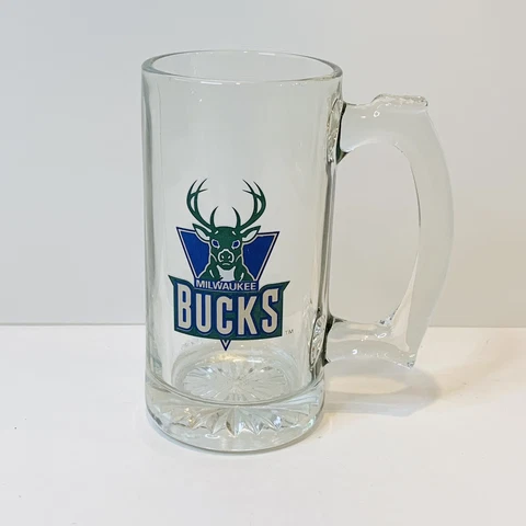 Vintage 90s Milwaukee Bucks Glass Beer Mug NBA Basketball 12 Oz Cover