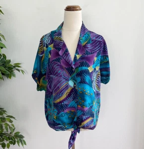 Vintage Smartline Womens Top Blouse Size 12 Blue Purple Fish Pattern - Picture 1 of 8
