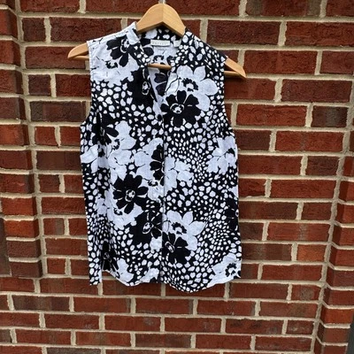 Camisa Tweeds 100% Lino Mujer Mediana Negra Blanca Floral Sin Mangas Foto 1 de 4