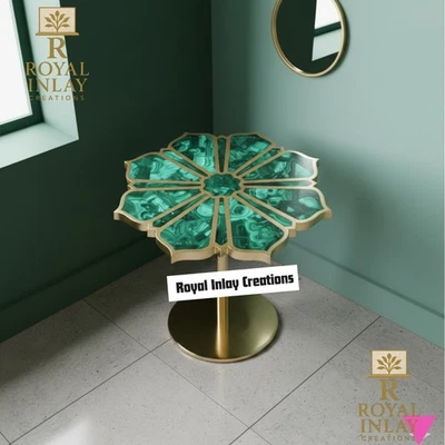 Malachite Flower Accent Brass TableTop w/o Stand , Lapis Gemstone Side Table - Image 1 of 4
