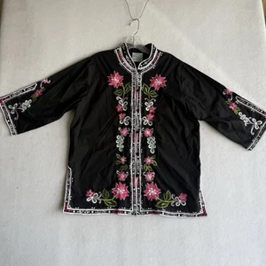 Caro of Honolulu Caromat Top con bottoni grande nero ricamato rosa floreale vintage - Foto 1 di 10