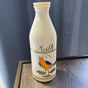 Vintage Italien Egizia Vogel weiß Milchglas Flasche Deckel 1L handbemalt 10" - Bild 1 von 6