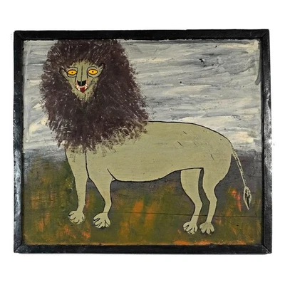 Vintage Primitive Folk Art 'Maniacal Lion' Animal Painting on Wood - Image 1 of 4