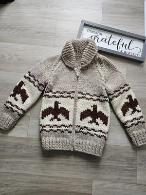 De Colección Cowichan Suéter Cárdigan Grueso Tejido Lana Hecho a Mano Águila Canadá Talla Juvenil Foto 1 de 4