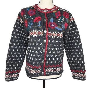 Nomadic Traders Cardigan Sweater Small Vtg Gray Multi Floral L/S Shetland Wool - Picture 1 of 5
