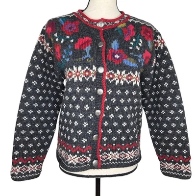 Cárdigan Suéter Nomadic Traders Pequeño De Colección Gris Multi Floral L/S Lana Shetland Foto 1 de 4
