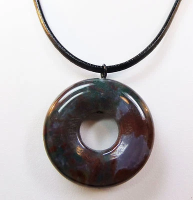 Collar de cordón de cuero rosquilla piedra pulida rojo oscuro gris ágata mediano 1 1/4" #105 Foto 1 de 4