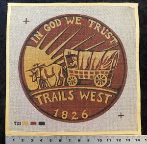 HandPainted Needlepoint Canvas IN GOD WE TRUST 1826 COIN Trails West Wagon 11" - Picture 1 of 4