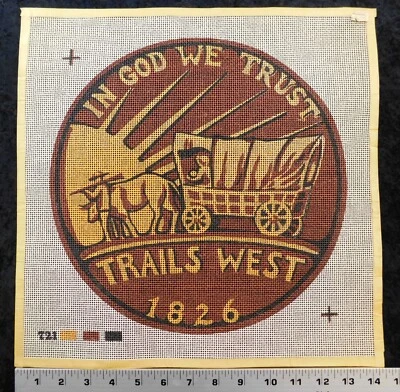 HandPainted Needlepoint Canvas IN GOD WE TRUST 1826 COIN Trails West Wagon 11" - Image 1 of 4