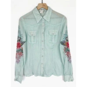 Alberto Makali Top Womens Medium Blue Y2K Roses Crown Sequin Beaded Pearl Snap - Picture 1 of 22