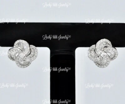 18k Solid White gold Natural Diamond Earring 1.24 ct baguette  clover  cluster - Image 1 of 4