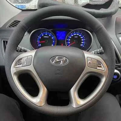 Cubierta de volante de cuero negro cosida a mano hágalo usted mismo para Hyundai Ix35 Tucson Foto 1 de 4