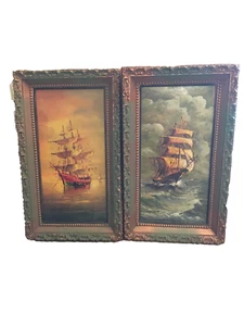 Vintage MCM verziert Gold gerahmt 2 Schoner große Schiffe Wellen Wanddeko - Bild 1 von 5
