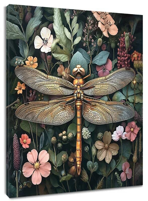 Dragonfly Botanical Pink Floral Black Canvas Wall Art for Bathroom Living Room - Image 1 of 4