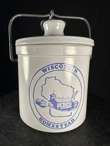 Vintage Wisconsin Homestead Stoneware Dairy Cheese Crock Jar Wire Bail Lid - Picture 1 of 7