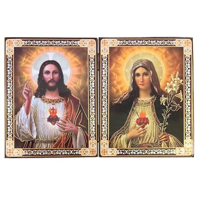 Sagrado Corazón de Jesús y María Icono Católico Díptico Lámina de Oro Iconos Religiosos Foto 1 de 4