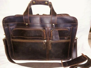 POLARE MEN'S Full Grain BROWN LEATHER BRIEFCASE Business Travel Bag Case  - Picture 1 of 10