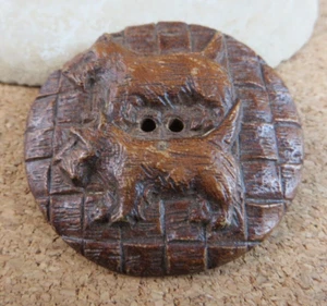Large 1.5" Antique Carved Wood Button Featuring 2 Scottie Dogs Basket Weave #33 - Picture 1 of 18