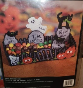 Vintage 1996 Bucilla Halloween Ghoulish Candy Dish Plastic Canvas Kit 6192 New - Picture 1 of 5