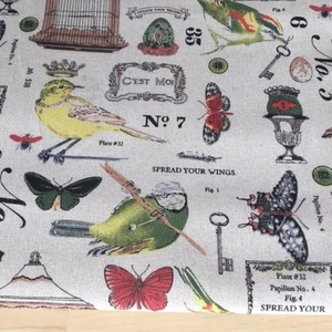 443.Chabby Chic Butterfly Bird cage Natural LINEN - Cotton Fabric.Price per 1/2m - Picture 1 of 4