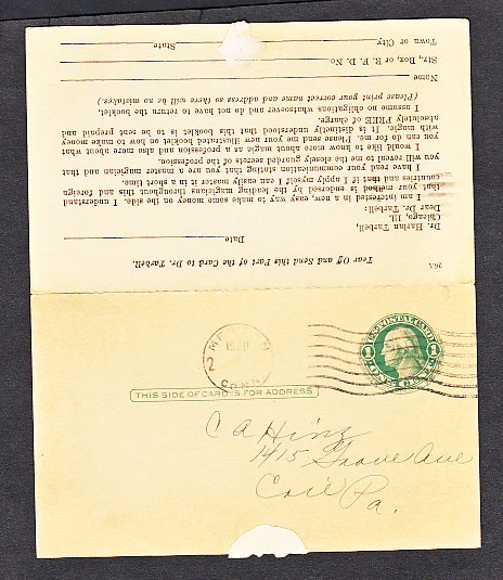 UY7 POSTAL CARD CONNECTICUT TO ERIE PENNSYLVANIA 1930 - Image 1 of 2