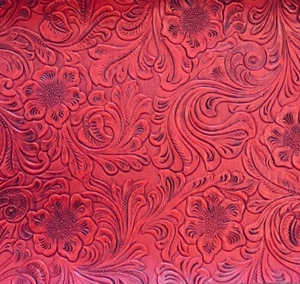 1/2 Yard Faux Leather Red Floral Embossed Cowboy Vinyl Western Tooled Upholstery - Picture 1 of 1