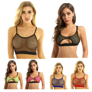UK Women Fishnet Hollow Out Vest Top Spaghetti Straps Cutout Crop Tops Camisole - Picture 1 of 80