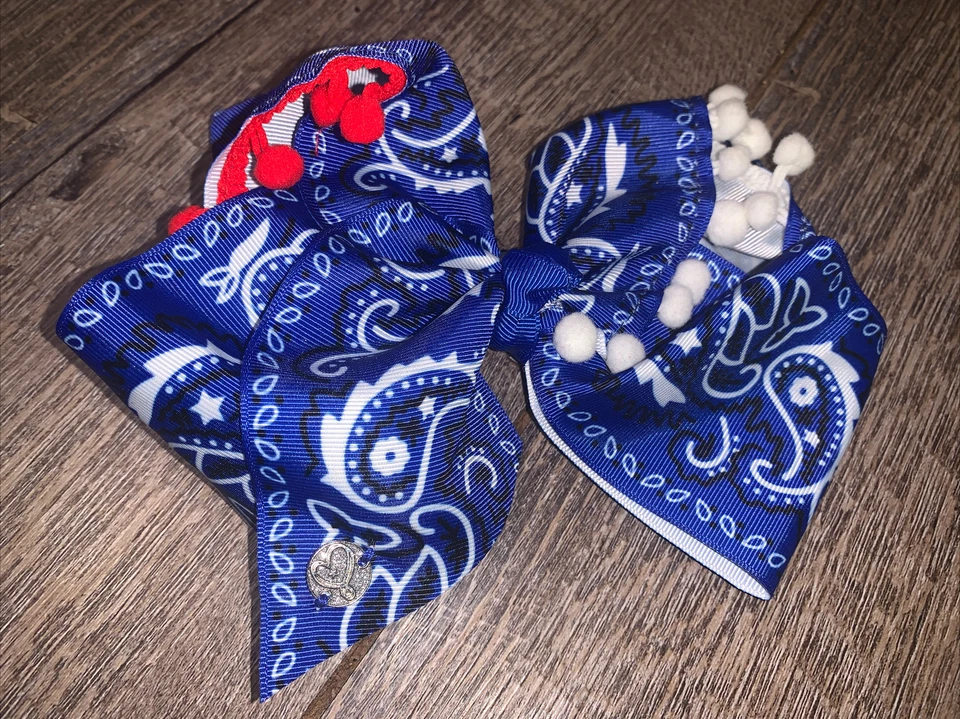 JoJo Siwa blue red paisley 4th july white pom pom hair bow nwot  - Image 1 of 3