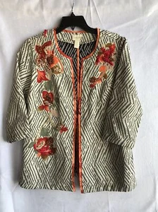 Cappotto completo Chico's impreziosito, bianco e nero con bordo arancione, floreale, taglia US 8 - Foto 1 di 9