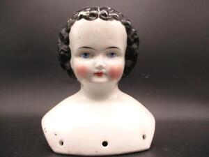 5" Antique German China HEAD ONLY Black High Brow Hair 1800s Victorian Parts