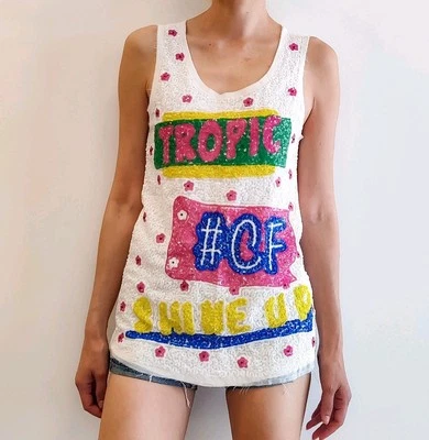 T-shirt Sequin Italien Femme Blanc Multicolore M/38 CristinaEffe Neuf  - Photo 1/4