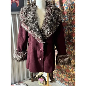 Y2k Uttex Design Faux Fur Collar Burgundy Coat Jacket Women's Medium - Picture 1 of 4