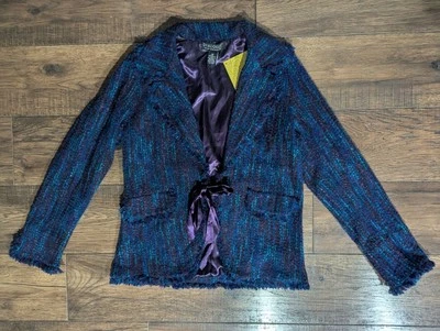 Blazer QVC Diálogo Azul Púrpura Tweed con Corbata Frontal Púrpura Talla Med Nuevo con Etiquetas Deshilachado Foto 1 de 4