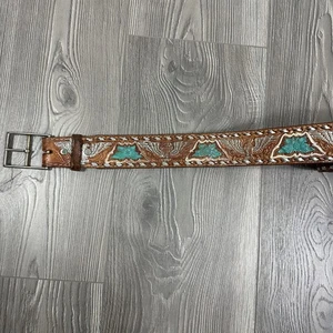 Cinturón de cuero marrón vintage Brazos Joe con patrón floral aguamarina águilas plateadas - Imagen 1 de 7