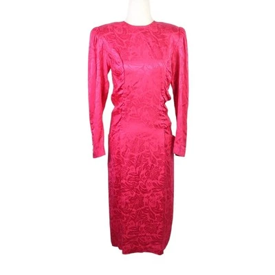 Vintage 80s Nordstrom Fuchsia Pink Floral Silk Cocktail Midi Dress 4 - Image 1 of 4