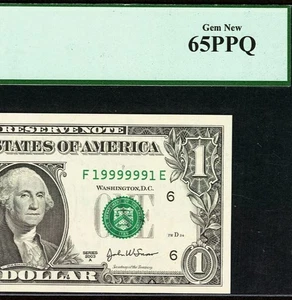 2003A $1 Federal Reserve Note PCGS 65PPQ Gem Fancy Radar Serial Number 19999991 - Picture 1 of 3