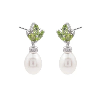Orecchini pendenti perle peridoto pietre preziose naturali argento sterling... - Immagine 1 di 3
