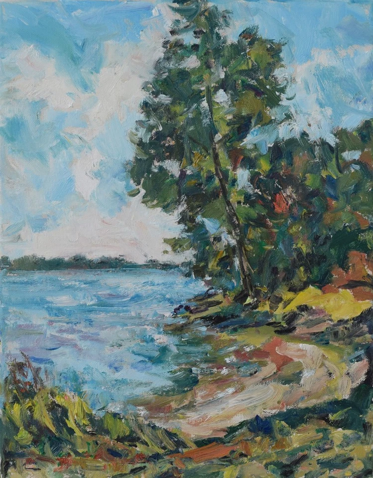 Art Original Oil Painting RM Mortensen "Gloria's Place Lake Landscape River Tree - Image 1 of 1