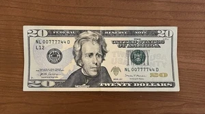 Three numbers fancy serial number 2017 $20 dollar bill NL00777744D - Picture 1 of 2