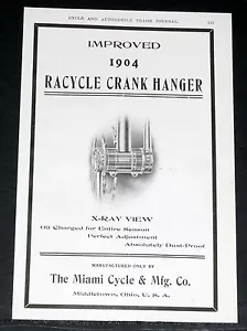 1904 OLD MAGAZINE PRINT AD, MIAMI CYCLE MFG, IMPROVED RACYCLE CRANK HANGER, ART! - Picture 1 of 1