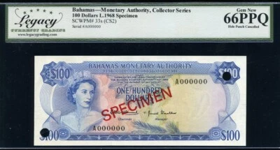 Bahamas 1968, 100 Dollars, P33s(CS2), Specimen, Legacy 66 PPQ GEM UNC - Image 1 of 2